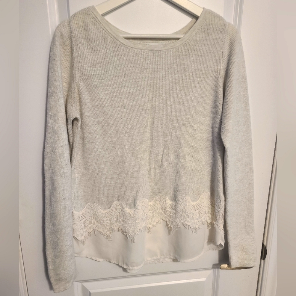 Off-White Knit Long Sleeve with Lace Trim